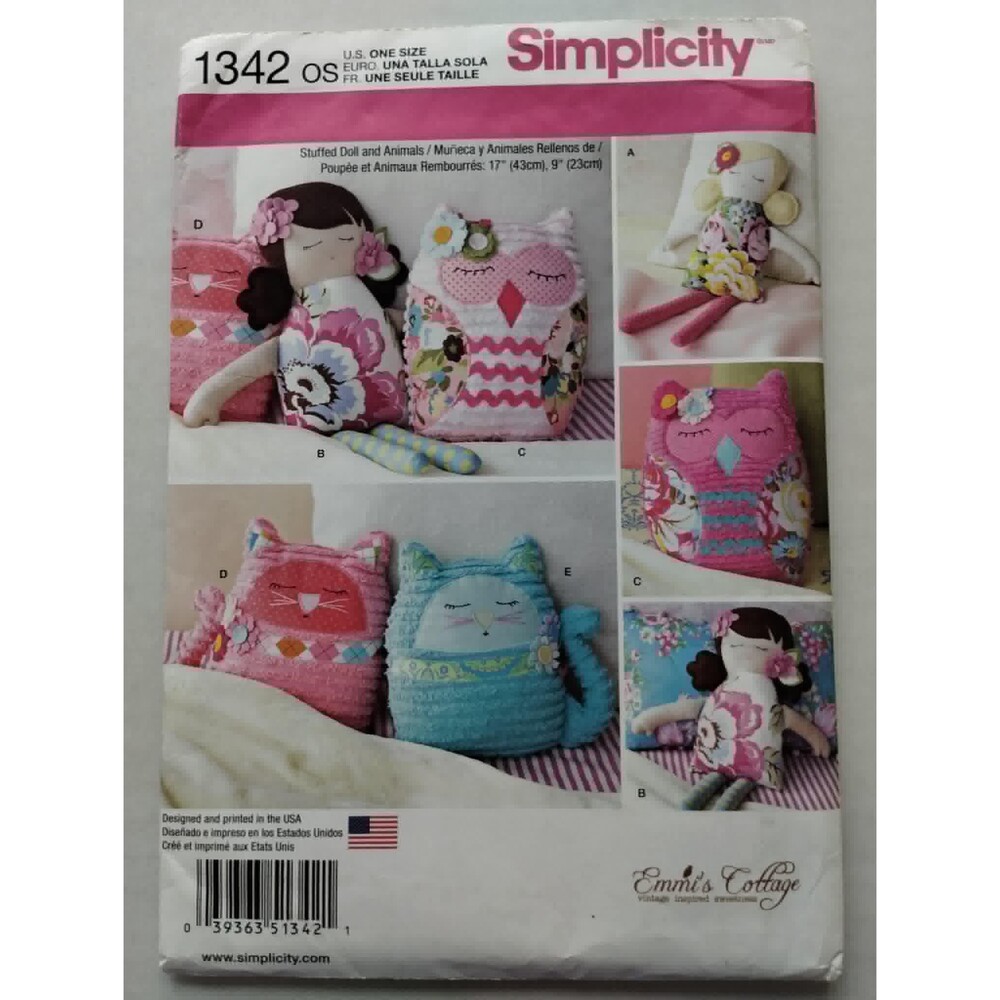 1342 Simplicity Sewing Pattern Stuffed 17" Dolls and 9" Animals